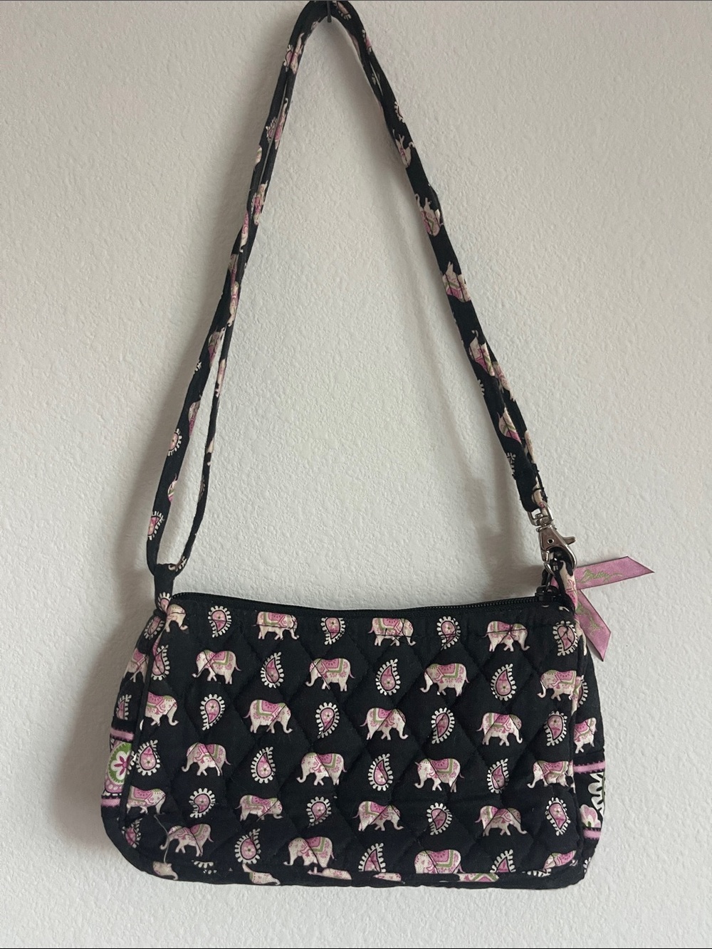Black and Pink Vera Bradley Elephant Print Quilted Shoulder Bag crossbody
